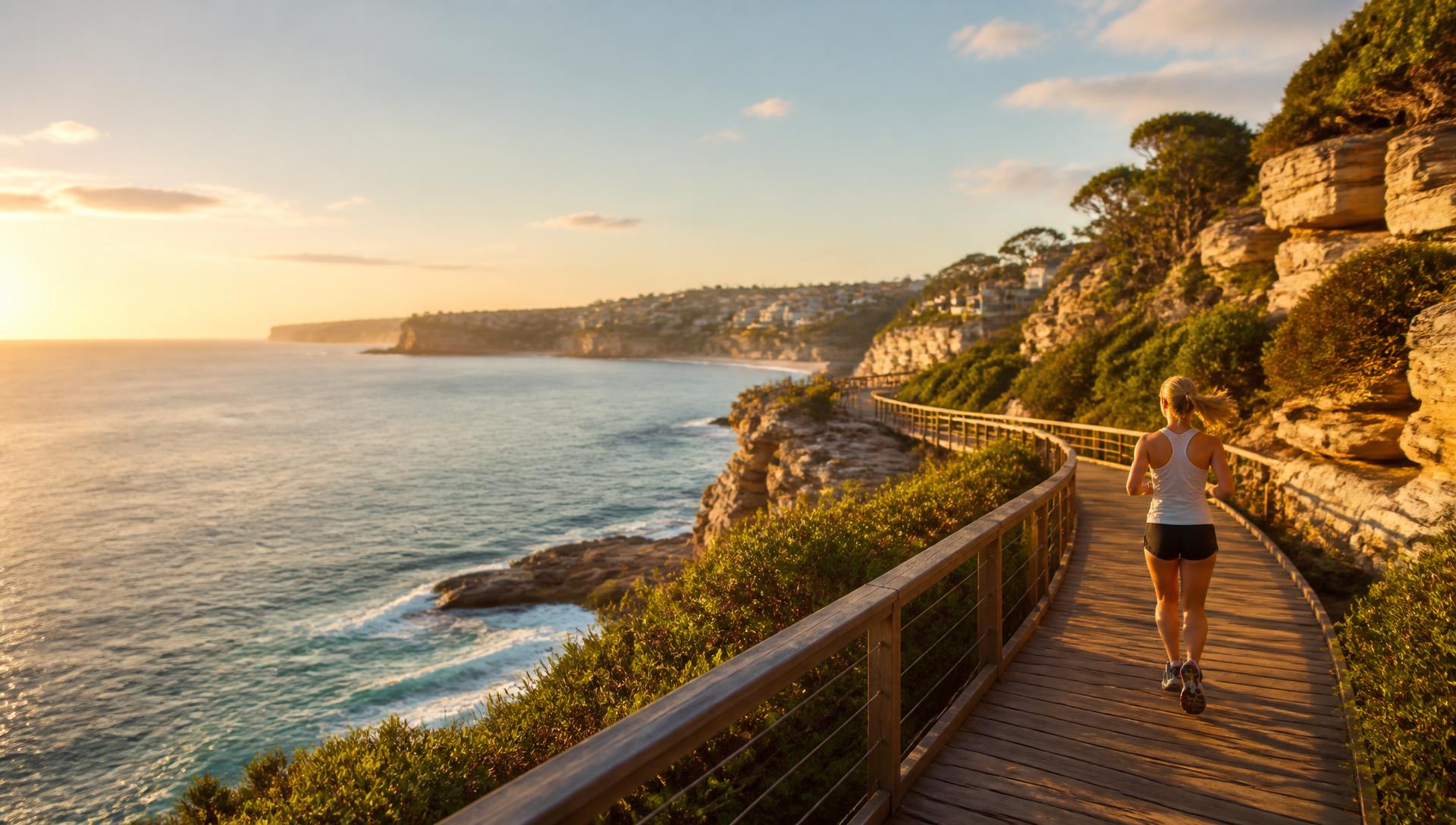 Runner on a coastal boardwalk above the ocean at sunrise near Sydney